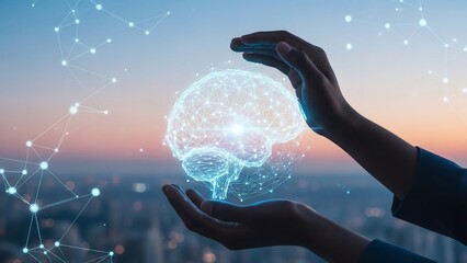 Hands Holding Digital Brain Concept Art.