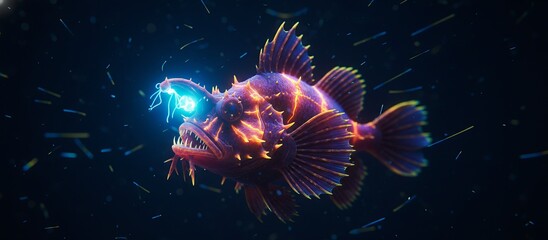 Colorful Deep-Sea Fish with Bioluminescent Features Swimming in Dark Ocean Environment