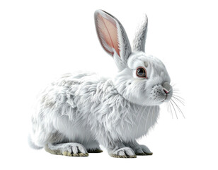 Fototapeta premium Fluffy white rabbit with pink-lined ears against a black backdrop