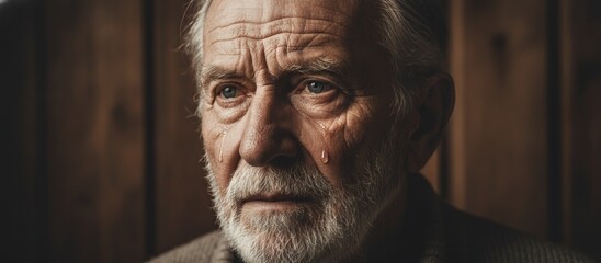 Emotionally charged portrait of an elderly man with a tear, conveying sadness and reflection against a rustic wooden background