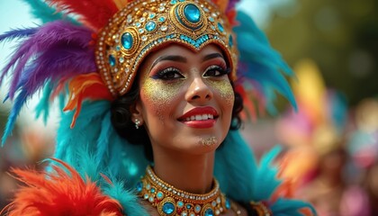 Woman wears vibrant carnival costume with feathered headdress, glittering makeup. Smiles during festive celebration, showing elaborate details of outfit, face art. Portrait captures joyful cultural