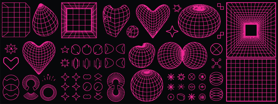geometry wireframe shapes and grids in neon pink 3d hearts abstract background y2k 00s retro futuristic aesthetic digital art vector illustration