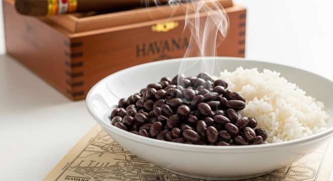 Elegant Cuban Moros y Cristianos Black Beans and Rice with Vintage Cigar Box and Havana Map