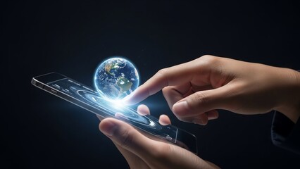 Hands Interacting with Smartphone and Globe.