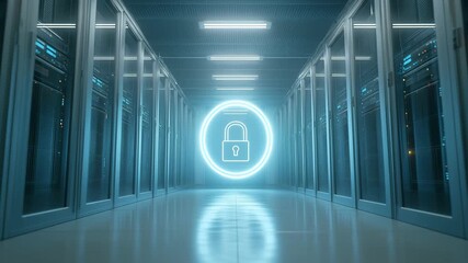 Modern data center corridor with server racks and a glowing digital lock icon symbolizing cybersecurity, data protection and secure network infrastructure in a high-tech environment - Powered by Adobe