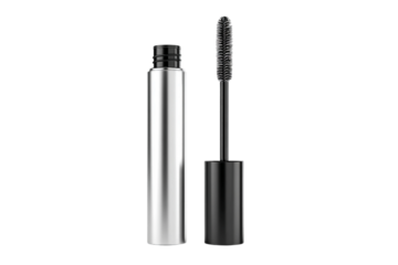 Black mascara wand pulled from tube isolated on transparent background