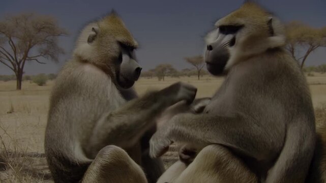 Two baboons grooming each other on a sunny day in the African savannah Stock Video