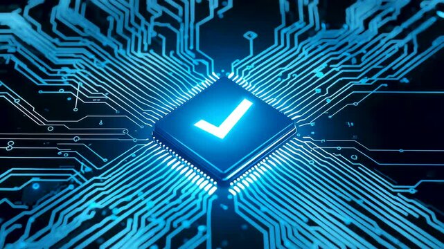 Glowing checkmark icon embedded in blue circuit board with electronic pathways