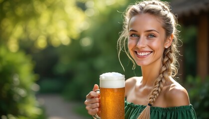 Young woman smiles holding large beer mug with frothy head outdoors. She wears a green dress, blonde hair in a braid, enjoying a sunny day in a garden setting.