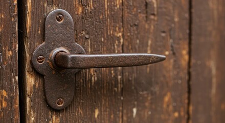 Close up of old metal door handle on weathered wooden door