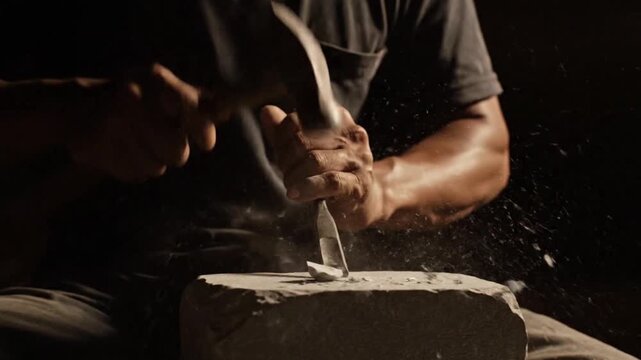 Close-up of a skilled artisan meticulously carving a rough stone block with hammer and chisel, demonstrating traditional craftsmanship and dedicated manual labor and precision