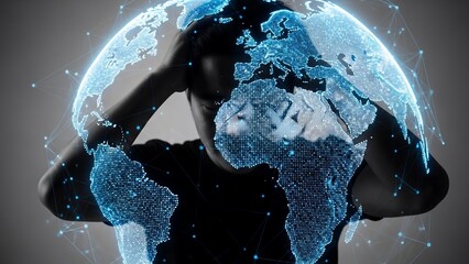 Silhouette holding glowing blue Earth globe.