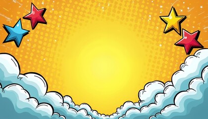 Retro comic style illustration with yellow background, clouds, and stars. Bright pop art graphic design elements evoke fun and positivity for banners and posters.