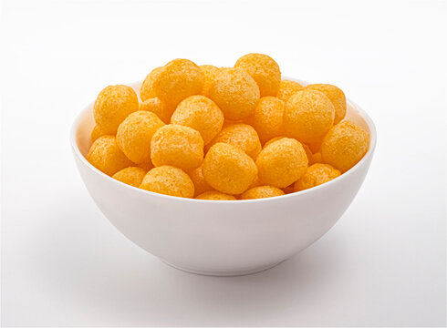 Crunchy cheese corn puff balls snack in white bowl, full depth of field