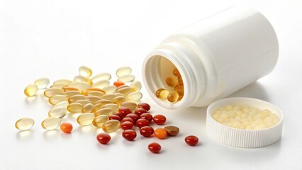 Colorful pills spilling from white bottle on clean surface