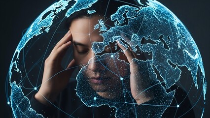 Woman Stressed with Global Network Overlay.