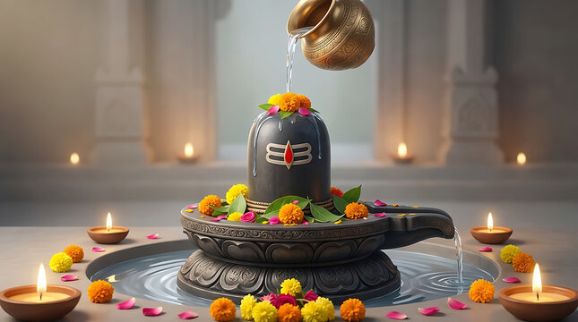 Holy water being poured from a pot onto a black shiva lingam statue surrounded by lit oil lamps and flowers in a temple for prayer