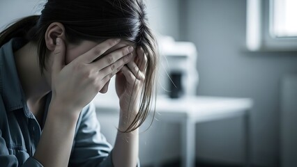 A Portrait of a Distressed Young Woman Covering Her Face in a Modern Office Setting