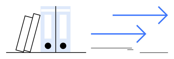 Books leaning on folders, paired with arrows suggesting movement. Ideal for productivity, organization, workflow, progress, business efficiency, goal setting or knowledge management. Simple flat