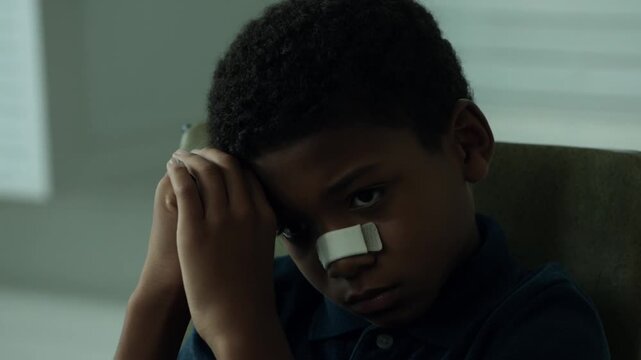 A young boy with a bandage on his nose, looking contemplative. He seems to be lost in thought Stock Video