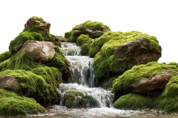 Mossy rocks with flowing small waterfall isolated on transparent background