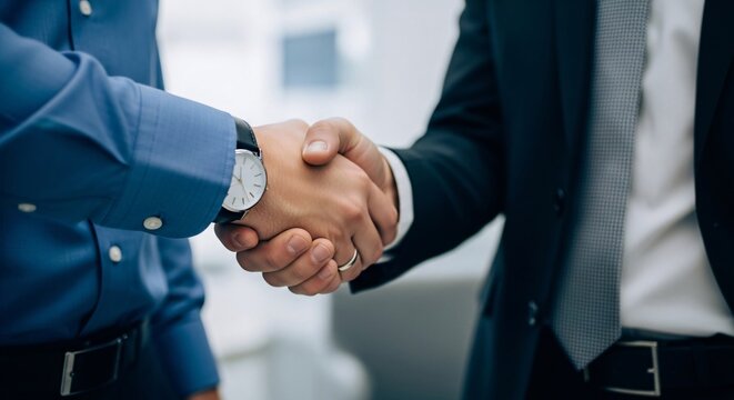 Professional Businessmen Engaging in a Formal Handshake During a Corporate Meeting or Conference for Successful Business Partnership and Collaboration