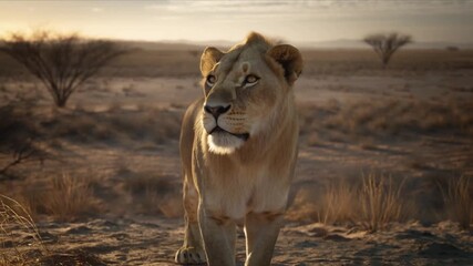 A majestic lioness gazes with intensity across the African savanna during sunset, radiating power and grace Stock Video