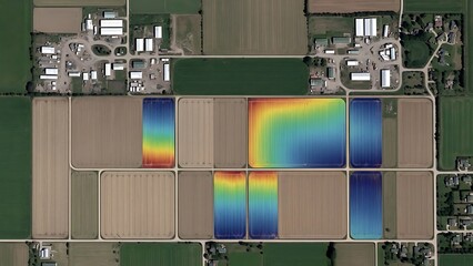 Aerial Perspective of Extensive Agricultural Fields with Data Overlays, Illustrating Precision Farming Techniques for Crop Management and Resource Optimization