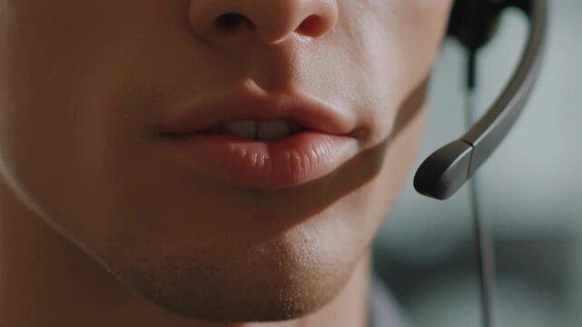 Close-up view of a person using a headset, focused on the mouth Stock Video