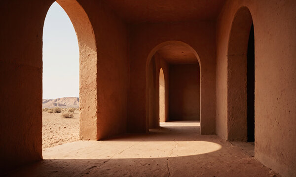 Desert Minimal Hall - Adobe interior with clay walls, terracotta floor, sunlight entering through arched window, empty room captured from