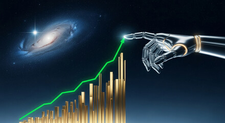 Image shows upward green line and gold bars on dark blue background, with a chrome robotic hand, symbolizing growth, innovation, and technology