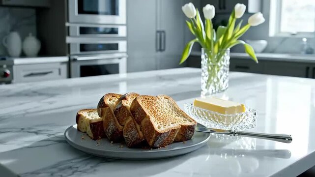 Elegant Kitchen Scene With Fresh Toast, Butter And Tulips Displayed On A Marble Countertop