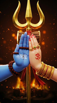 Divine blue hand of lord shiva and parvati hand with om symbol together near golden trident weapon