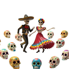 Dancing skeletons with sugar skulls, transparency isolated subject