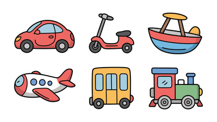 Naklejka premium Transportation Illustrations: A delightful collection of colorful transportation vehicles, each one representing a unique mode of travel. Capturing playful charm and imaginative journey