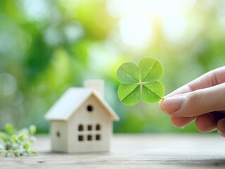 小さな家の模型の前で四つ葉のクローバーを手に持ち幸運と暮らしを願うイメージ