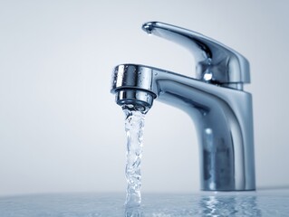 清潔感あふれる水道蛇口から流れる透明な水を捉えたシンプルで安心感のあるイメージ写真