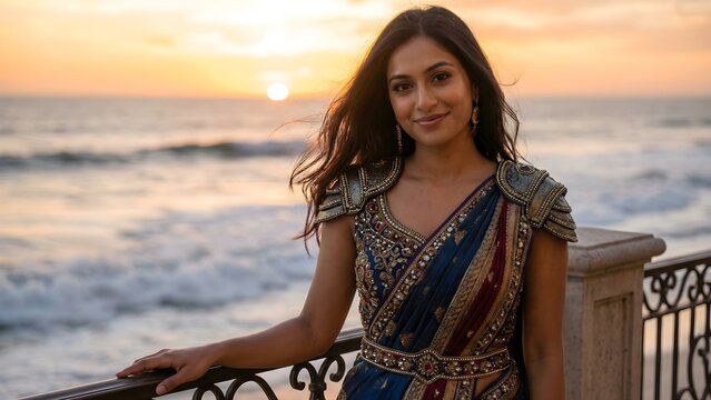 A South Asian woman in a royal sari standing on a seaside balcony overlooking the ocean at sunset
