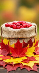 Naklejka premium Jute sack full of red berries, surrounded by colorful leaves. It represents autumn harvest, abundance and the season transition