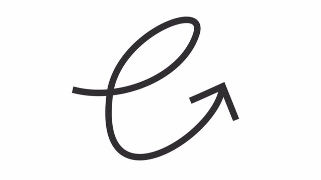 Animated minimalist hand-drawn swirl arrow icon isolated on a transparent background. Simple doodle line art pointer symbol. Creative directional navigation sign for a location in a cartoon animation.