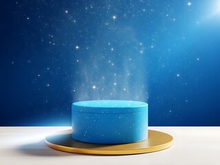 Blue cylindrical box with starry design on gold plate against starry night