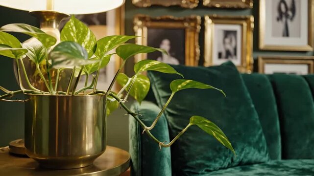 Elegant Golden Pothos Plant Near Emerald Velvet Sofa In A Sophisticated Home Interior