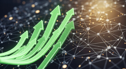 Several green arrows point upwards against a mesh, symbolizing growth, progress, and positive trend, suitable for presentations on improvement and business success
