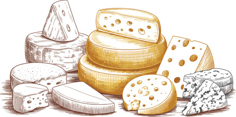 Hand drawn cheese illustration set, vintage engraved dairy products collection, artisanal cheese varieties, food sketch style culinary design