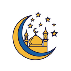 Ramadan or Eid Al-Fitr Graphic with Mosque Outline and Blue-Gold Moon - Ramadan or Eid Mubarak Graphic Symbol with Star and Mosque on White Background.