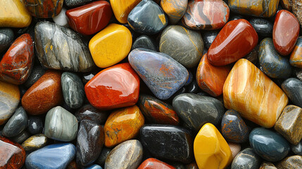 Colorful polished stones glisten under light resting on a bed of pebbles, symbolizing harmony balance natural beauty mindfulness and calming energy in nature
