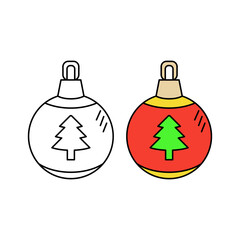 Illustration of two baubles with color and outline only. Christmas decoration. Christmas element. Vector illustration.