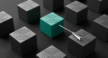 Gray cube group with one green cube hit by arrow, lying on another gray cube, on dark textured surface, representing achievement, target, precision