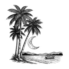 Palm Tree Beach Line Art Illustration &ndash; Tropical Island Coast with Moon, Boat and Ocean in Black and White Vintage Landscape Design