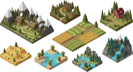 Isometric landscape illustrations, rural village, farm fields, forest cabins, mountains rivers desert scenes, game assets environment design © MstRejowana